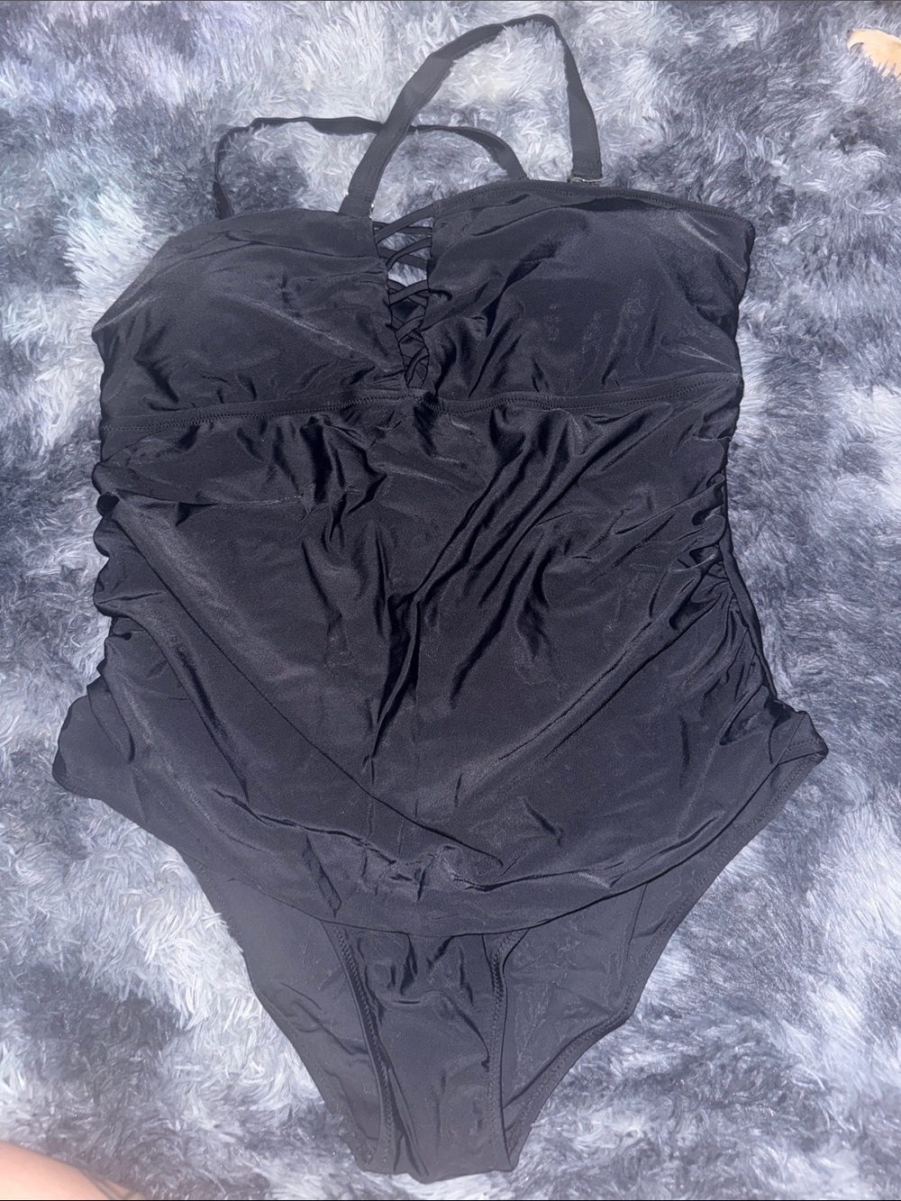 Black Lace-Up One-Piece Swimsuit with Plunge Detail